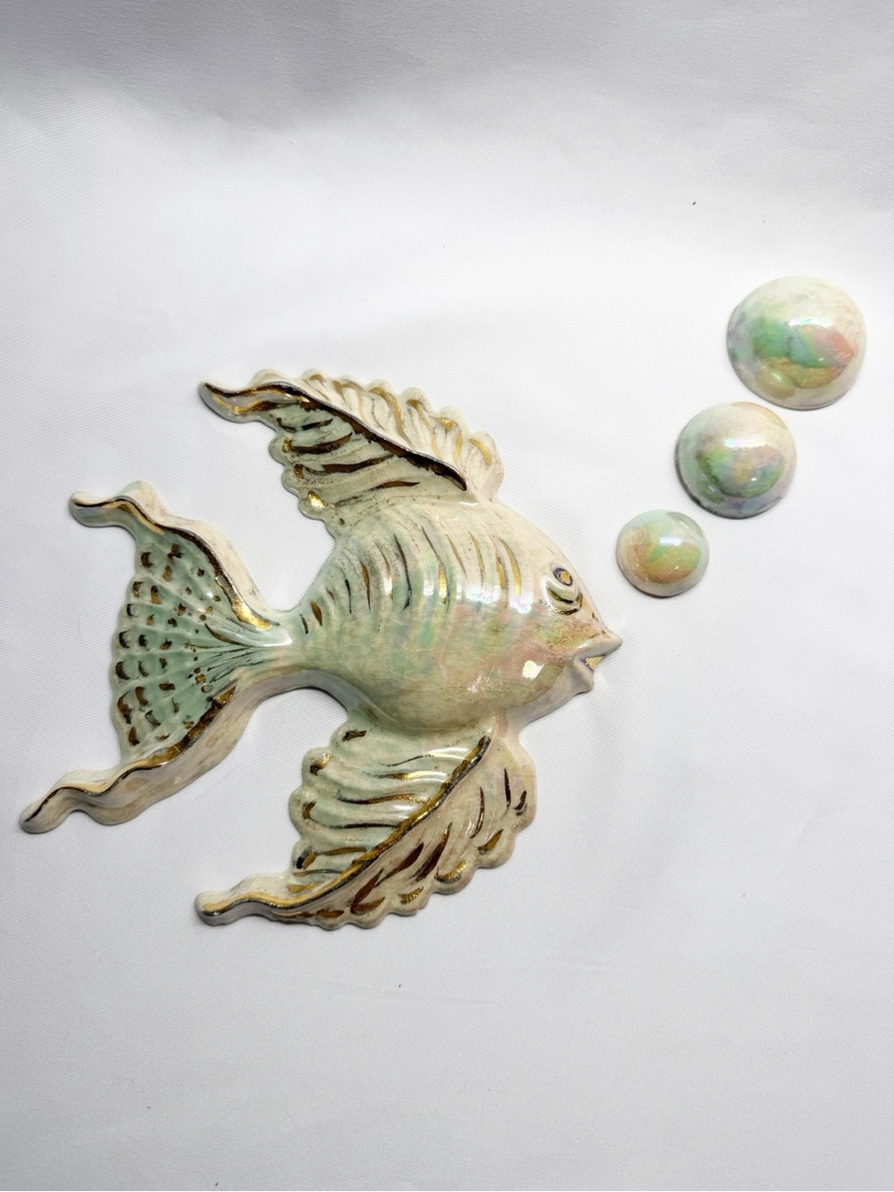 Vintage Hand Painted Iridescent Angel Fish and Bubbles Irene Smith Chalkware